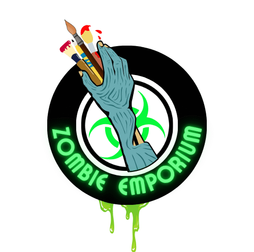 Zombie Emporoum logo black circle with with center with toxic symbol with a blue zombie hand holding paintbrushes. The black circle has the words Zombie Emporium