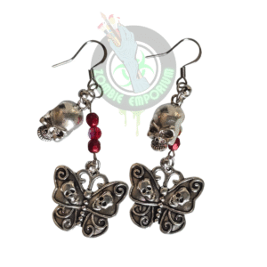 Skull and Death Moth Earrings with red Czech crystals – Zombie Emporium jewelry