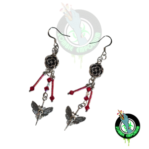 Rose Deathmoth Dagger Earrings on white background with Zombie Emporium logo