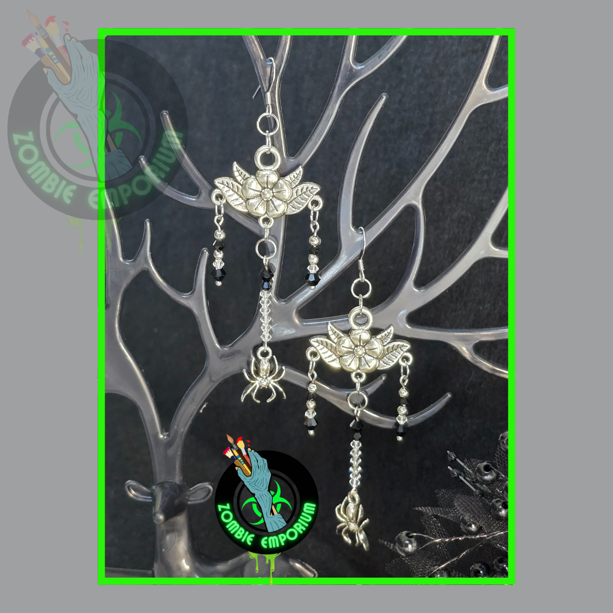 Handmade gothic flower chandelier earrings with spider charms and crystal beads