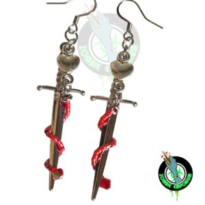 Sword and Heart Earrings on white background with Zombie Emporium logo