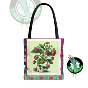 Skull & Strawberry Gothic Tote Bag – Creepy Cute Summer Carry-All Gothic Strawberry Tote Bag - Boho Chic Reusable Grocery Bag, Unique Skull Design, Eco-Friendly Shopping Tote, Festival Accessory