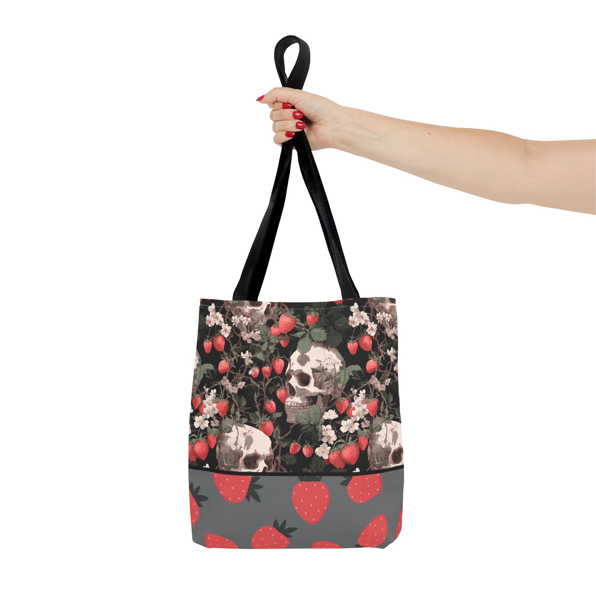 Gothic Floral Tote Bag - Skull and Strawberry Design, Reusable Shopping Bag, Fun Gift for Halloween, Eco-Friendly Accessory - Image 4