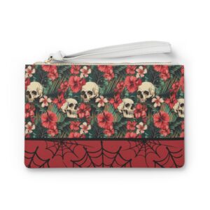 Gothic Floral Clutch Bag, Skull Print Purse for Halloween, Floral Makeup Bag, Edgy Evening Bag, Unique Gift for Her