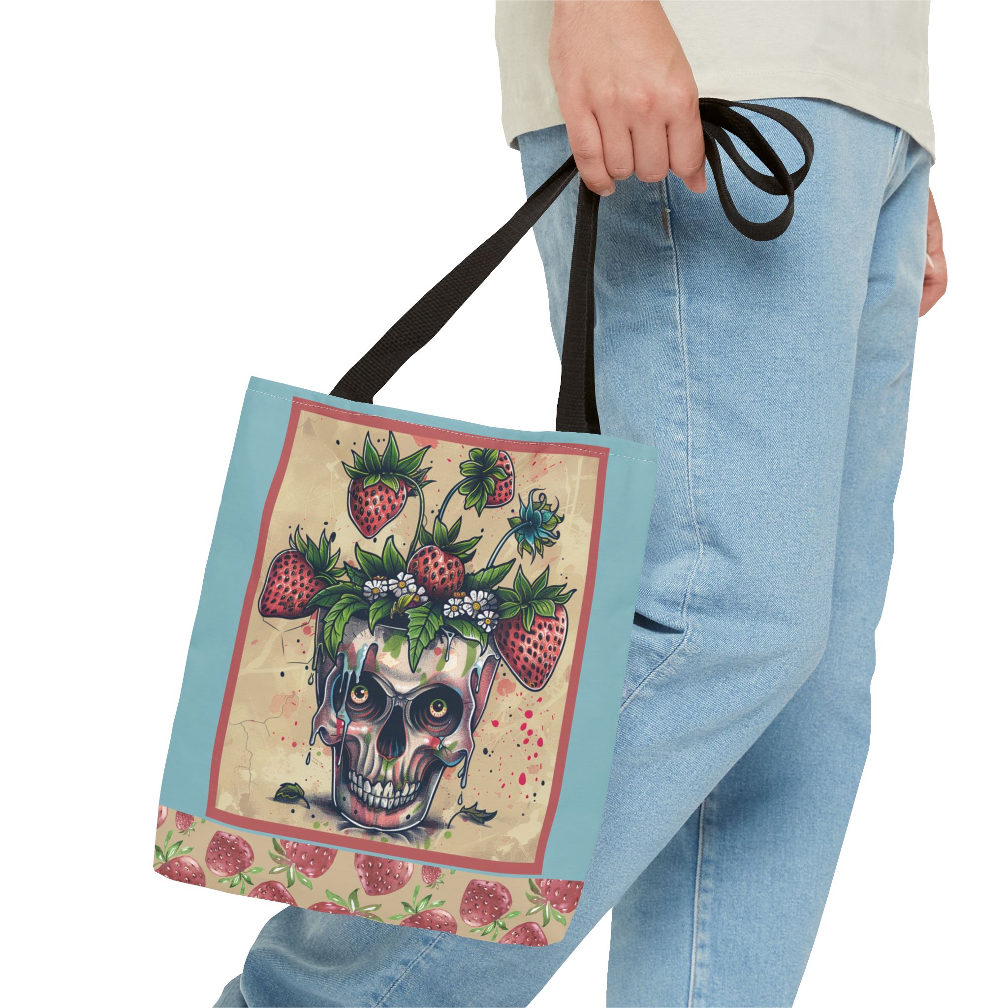 Strawberry Skull Tote Bag, Casual Carryall, Unique Gift for Art Lovers, Fashion Accessories, Eco-Friendly Shopping Bag - Image 3