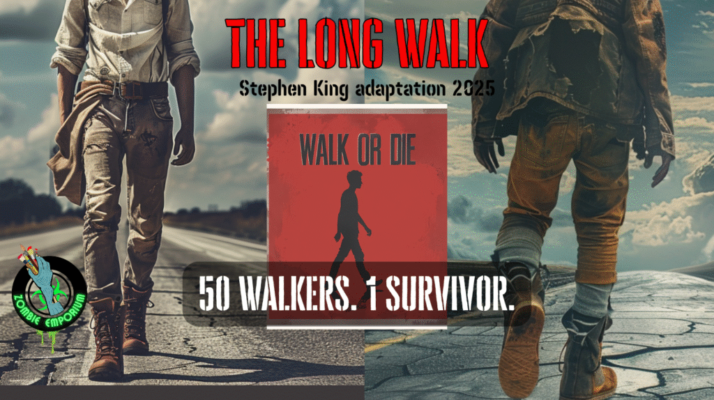 Cinematic widescreen artwork inspired by Stephen King’s The Long Walk (2025). A cracked highway stretches into heavy fog. On the left, a young man is seen walking forward in perspective; on the right, the same figure is shown walking away from behind. Distressed red and black title text reads ‘Walk or Die,’ with the Zombie Emporium logo in the bottom left corner