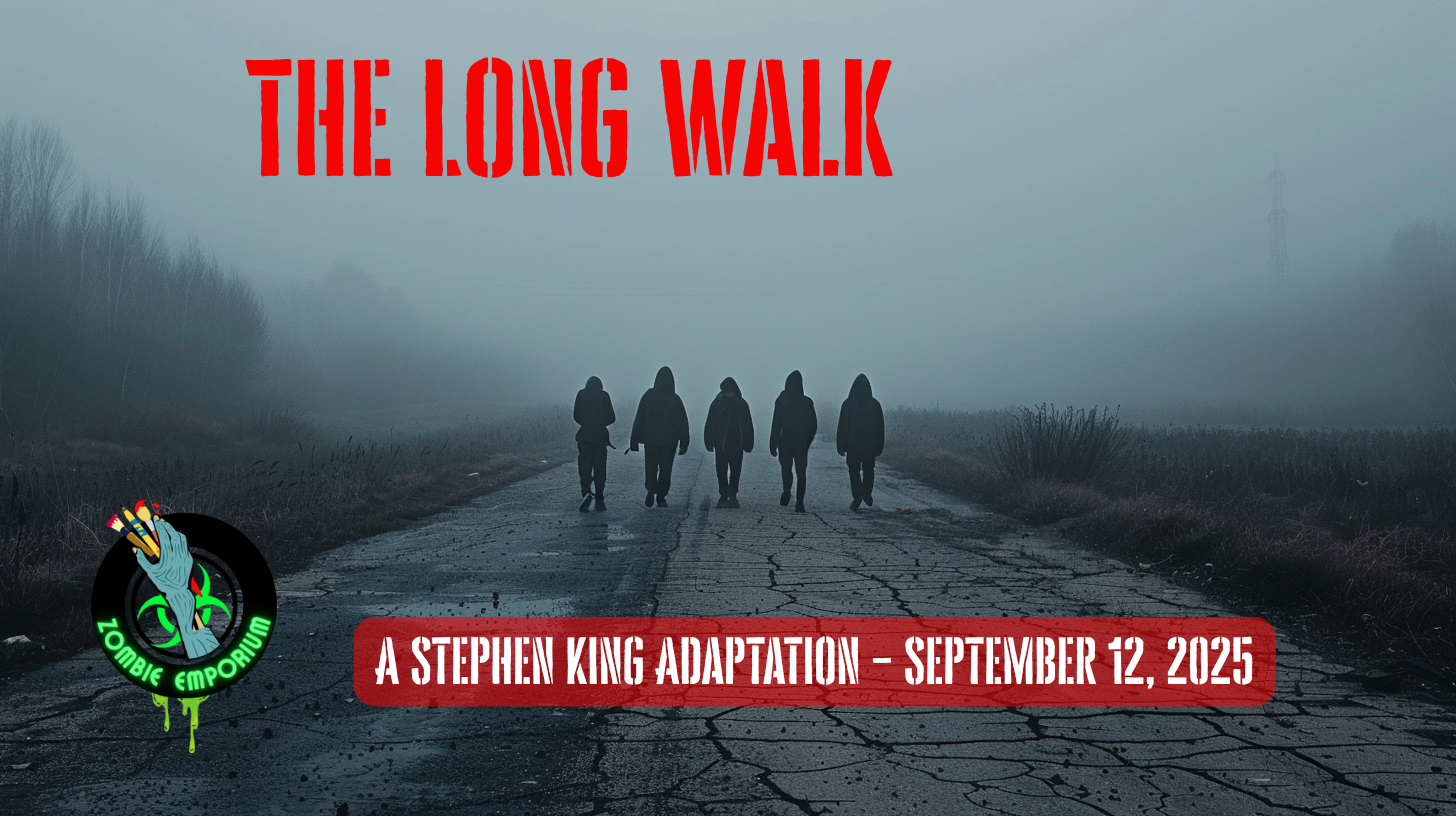 Feature image for Zombie Emporium blog post: silhouettes of young men walking down a foggy, cracked highway with The Long Walk title text and Zombie Emporium logo, promoting the 2025 Stephen King film adaptation.