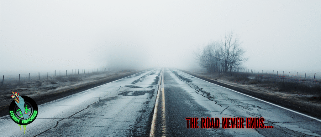 Ultra-wide cinematic artwork of a cracked highway fading into a foggy horizon under a bleak sky, with the Zombie Emporium logo and the tagline text ‘The road never ends..’ at the bottom. Concept image for Stephen King’s The Long Walk (2025).