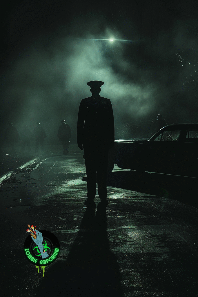 Concept artwork of the Major from Stephen King’s The Long Walk (2025), shown as a faceless military officer casting a shadow across the road while young walkers march into the fog