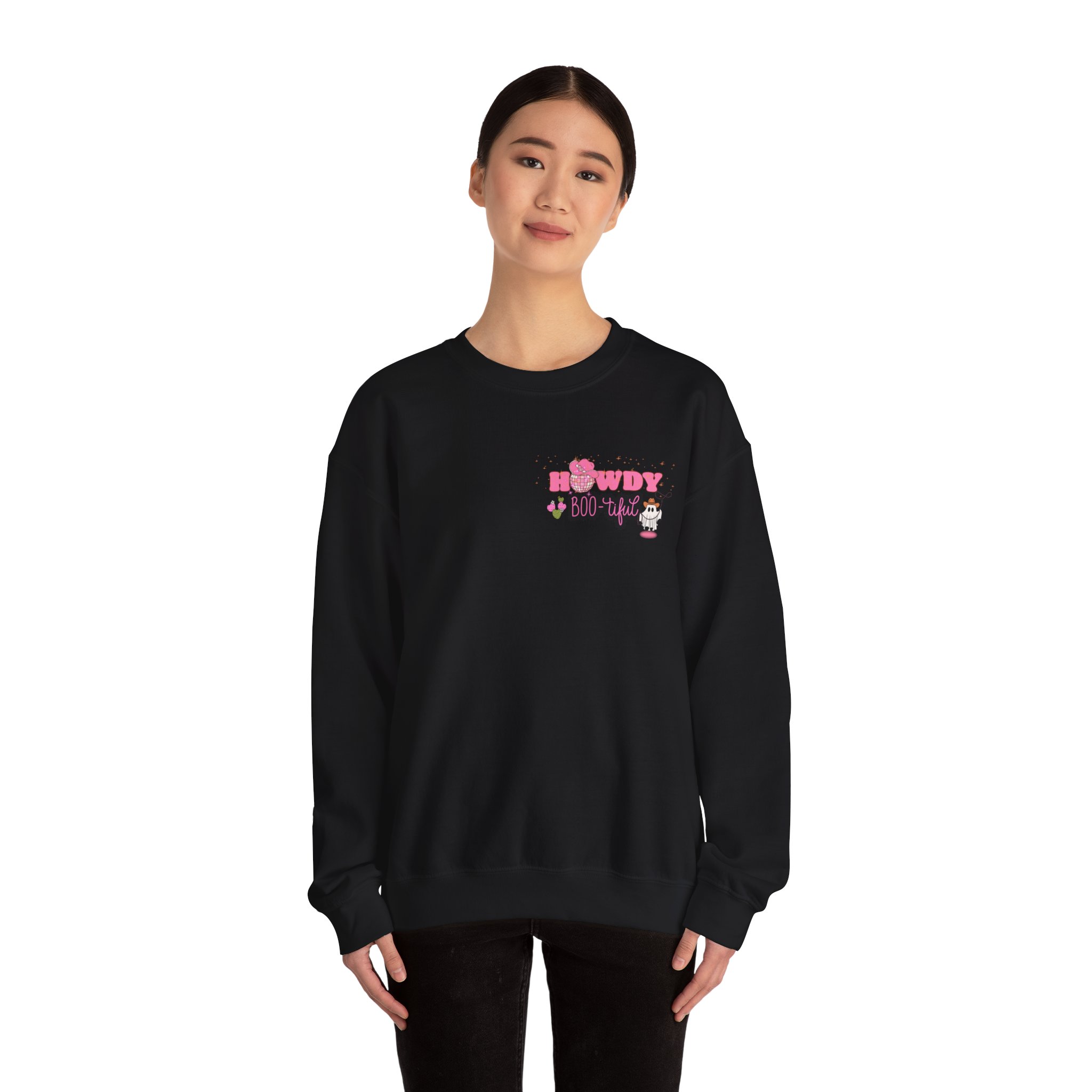 Howdy Boo-tiful Adult Halloween Sweatshirt – Unisex Crewneck with Back Graphic | Zombie Emporium - Image 4