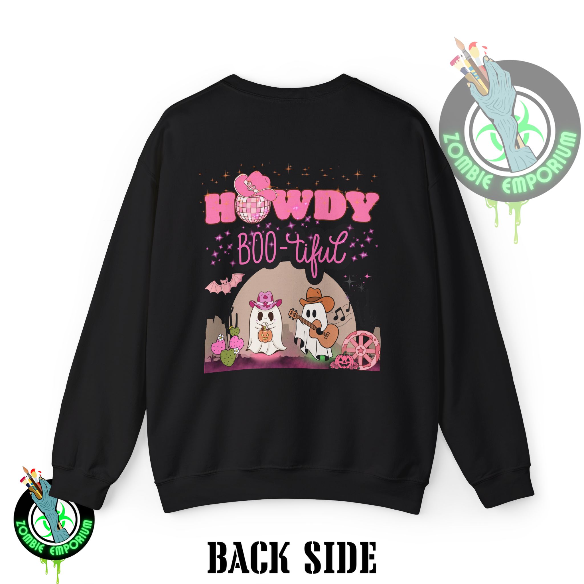 Howdy Boo-tiful Adult Halloween Sweatshirt – Unisex Crewneck with Back Graphic | Zombie Emporium