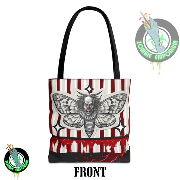 The Deaths Moth Clown Horror Tote Bag – Red, White & Gray Striped Gothic Carryall with Death Moth Clown and Blood Splatter Base | Zombie Emporium