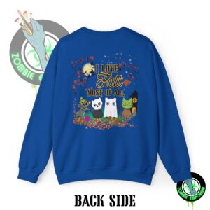 I Love Fall Most of All Adult Halloween Sweatshirt – Unisex Crewneck with Back Graphic | Zombie Emporium