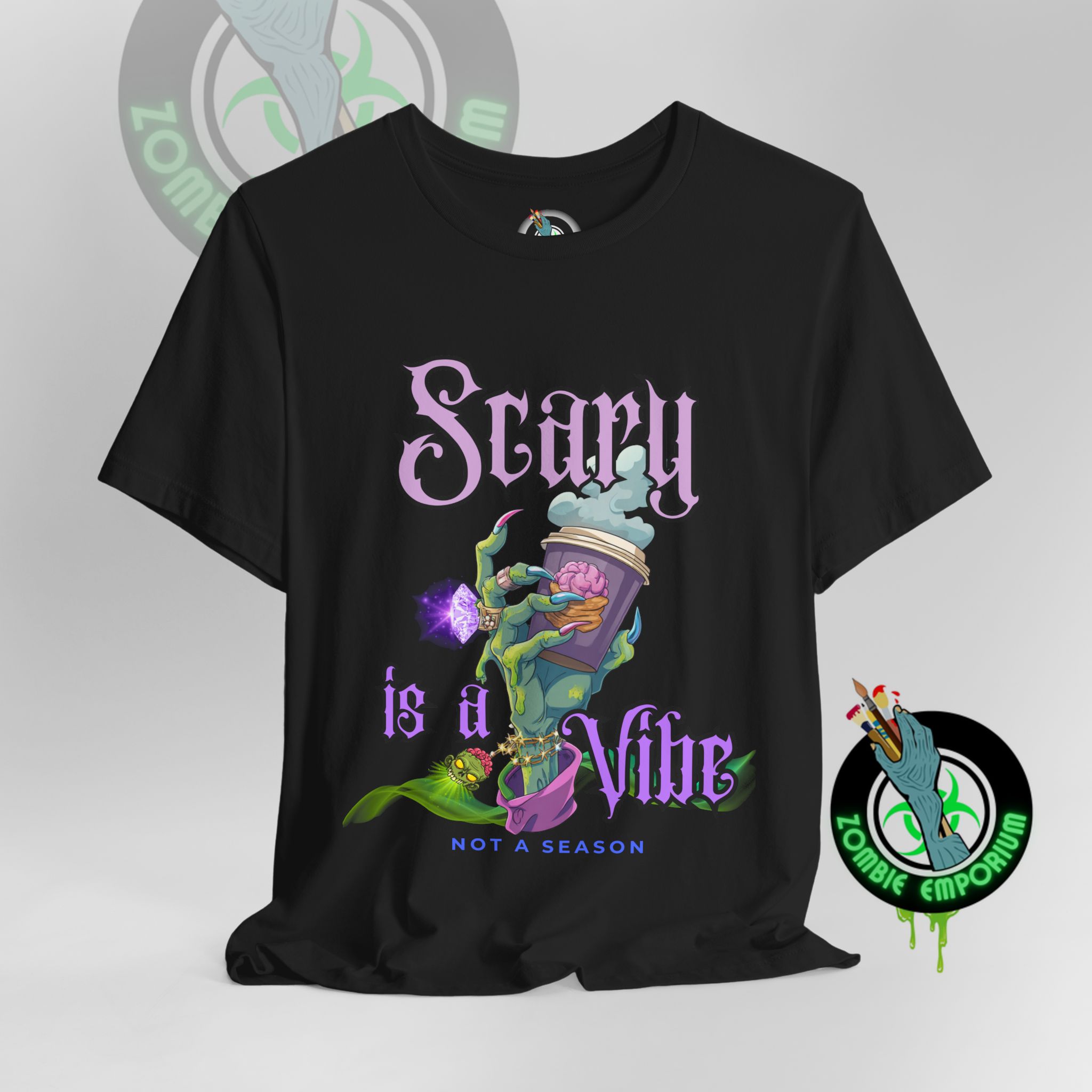 Scary is a Vibe Tee – Bougie Zombie Hand Coffee Design | Bella Canvas 3001 | Zombie Emporium - Image 2