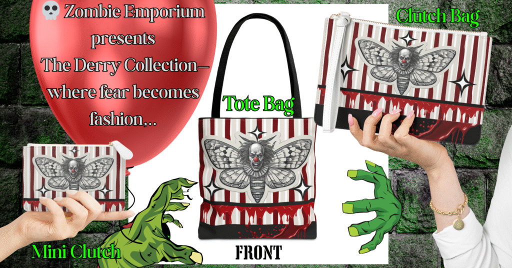 Horror Bags with red, white, and gray stripes and Death Moth clown design – Zombie Emporium Derry Collection Bags