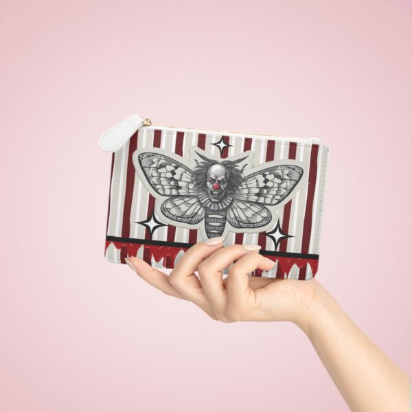 The Deaths Moth Clown Mini Clutch – Gothic Striped Horror Purse with Death Moth Clown Design | Red, White & Gray – Zombie Emporium