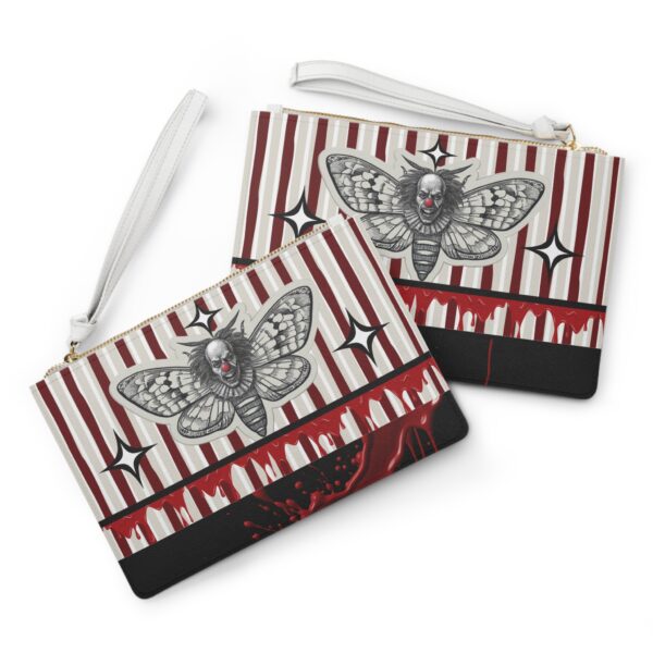 The Deaths Moth Clownn Clutch Bag – Red, White & Gray Gothic Horror Purse with Death Moth Clown and Blood Splatter Base | Zombie Emporium