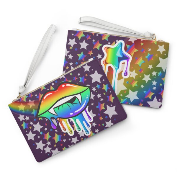 Vampire Lips and Star Rainbow Drip Deep Purple Clutch Bag — Psychedelic Vampire Lip & Star Print Wristlet