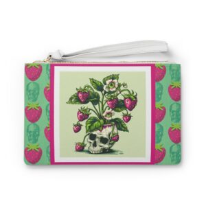 Skull & Strawberry Clutch Bag – Gothic Punk Summer Purse | Creepy Cute Festival Fashion Accessory Skull & Strawberry Clutch Bag, Punk Aesthetic Handbag, Unique Gift, Festival Accessory, Trendy Cosmetic Bag, Goth Summer Fashion