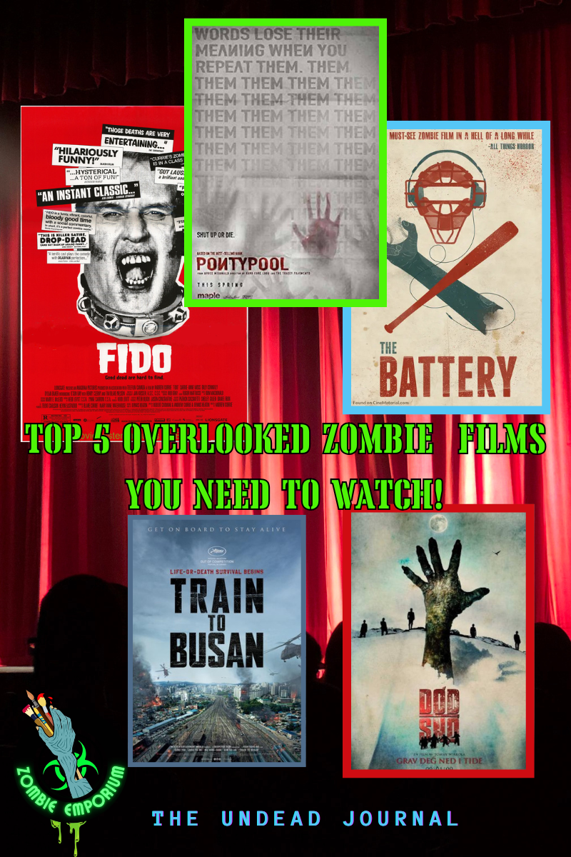Top 5 under rated Zombie Films Overlooked zombie films collage featuring Pontypool, Train to Busan, Fido, Dead Snow, and The Battery